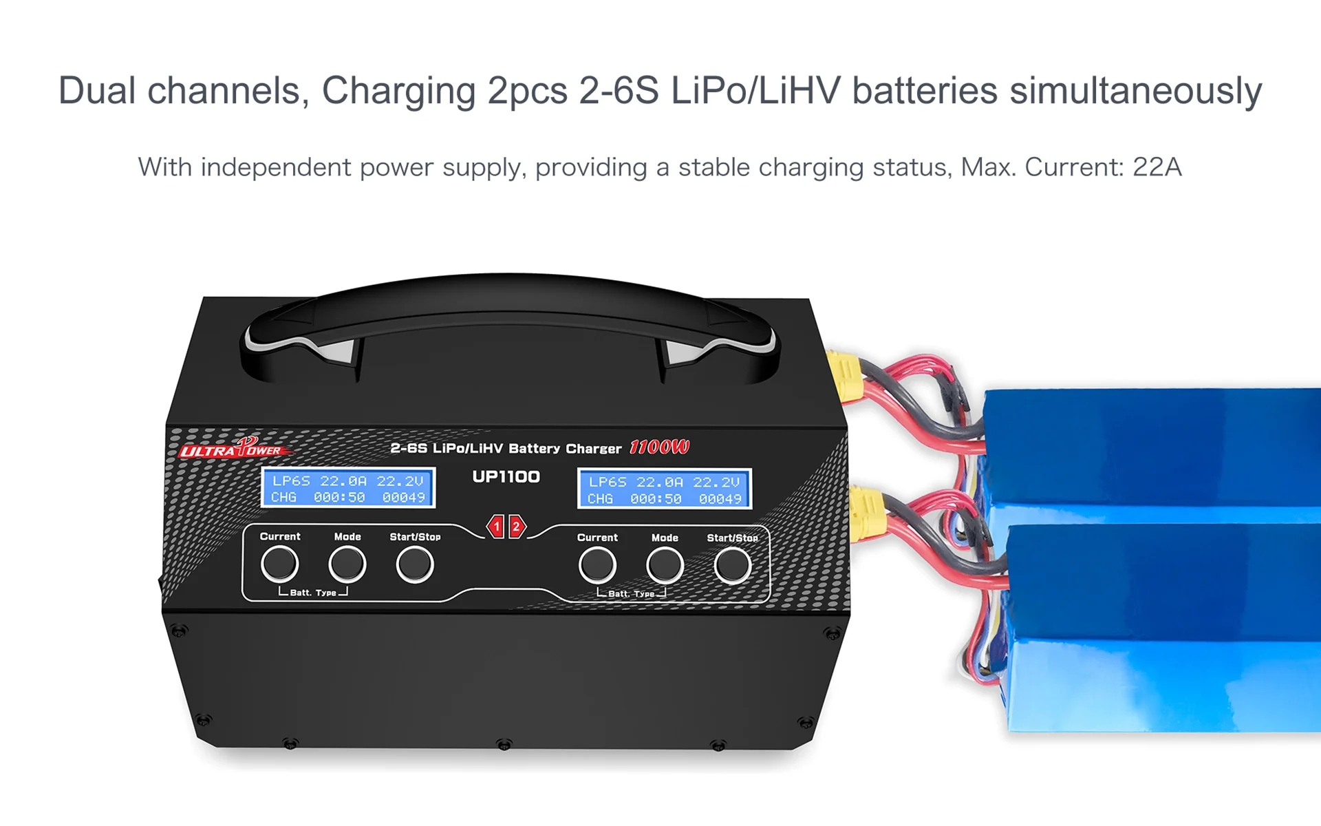 Фото ULTRAPOWER UP1100 Двухканальное интеллектуальное зарядное устройство с множественной защитой, регулируемая, 1100 Вт, 22 А, радиоуправляемая модель, аккумулятор 26S №2