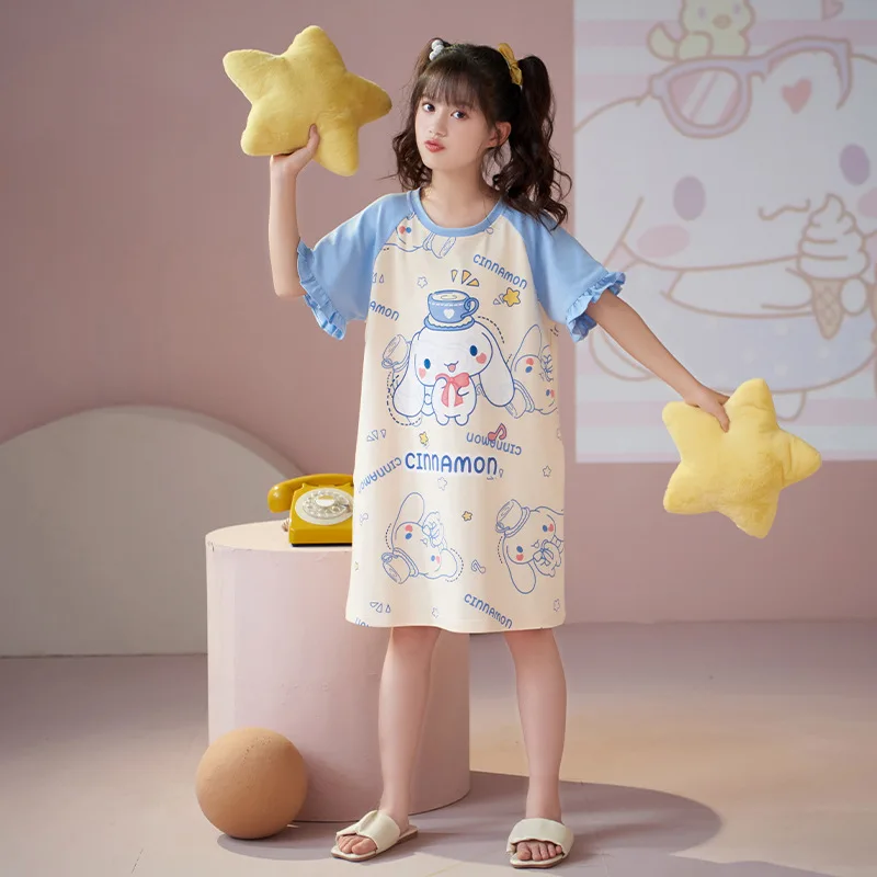 

Kawaii Sanrio аниме Cinnamoroll My Melody Kuromi летняя новая ночная рубашка для девочек мультяшная Милая хлопковая Домашняя одежда с коротким рукавом 2023