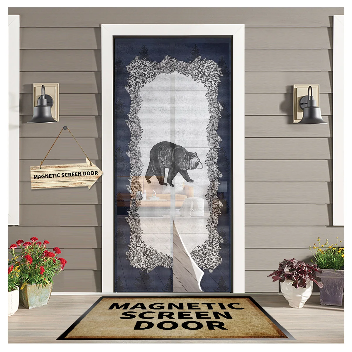 

Blue Forest Texture Bear Wood Grain Summer Magnetic Anti-mosquito Screen Door Curtains Automatic Closing Kitchen Curtains Home