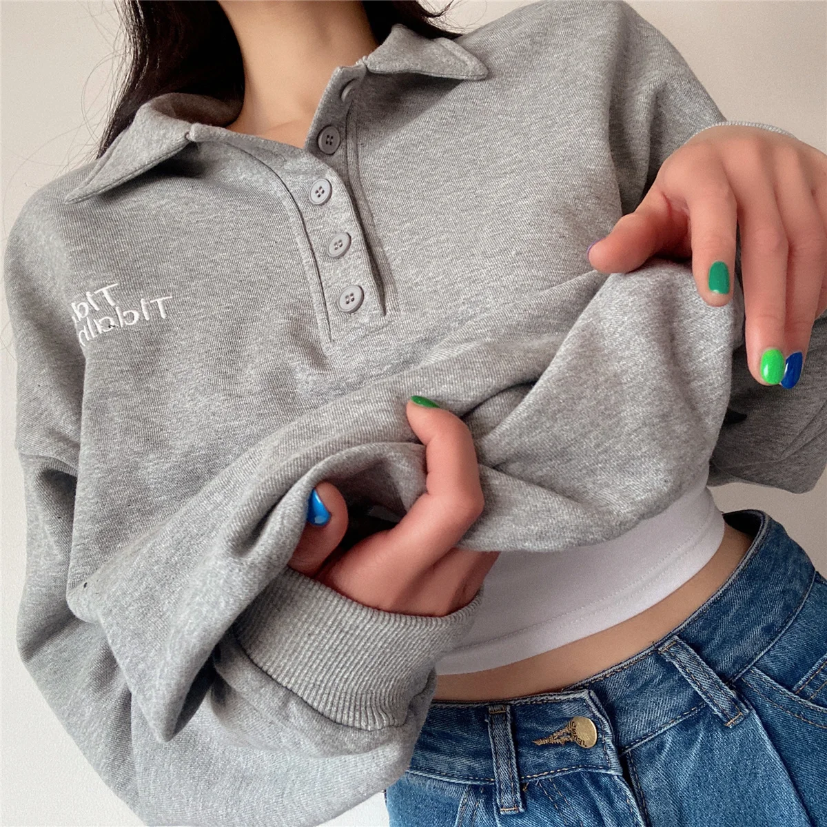 

JK Autumn Winter Kawaii New Polo Collar Letter Embroidery Casual Loose Sweatshirt Solid Color Pullover Top Korean Casual B4XN