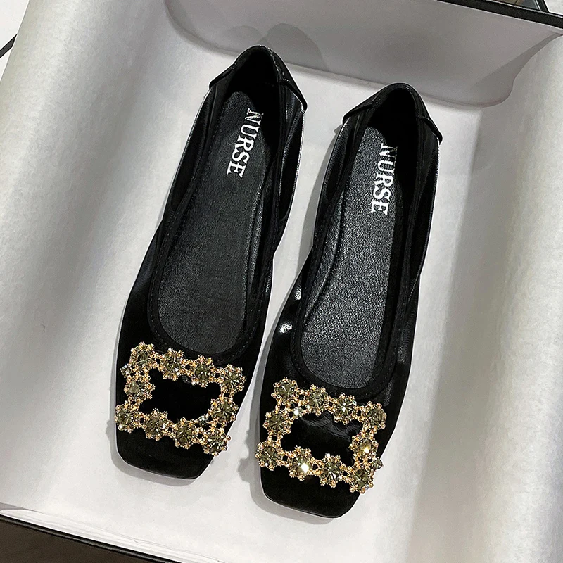 Hot Sale Biggest Size 44 Rhinestone Buckle Soft Comfortable Ladies Doll shoes Walking Style  Women's Casual Shoes Flats