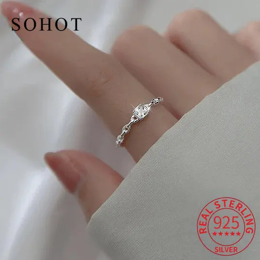 

Fashion 925 Sterling Silver Square Zircon Chain Adjustable Ring For Fashion Women Punk Fine Jewelry Geometric Accessories