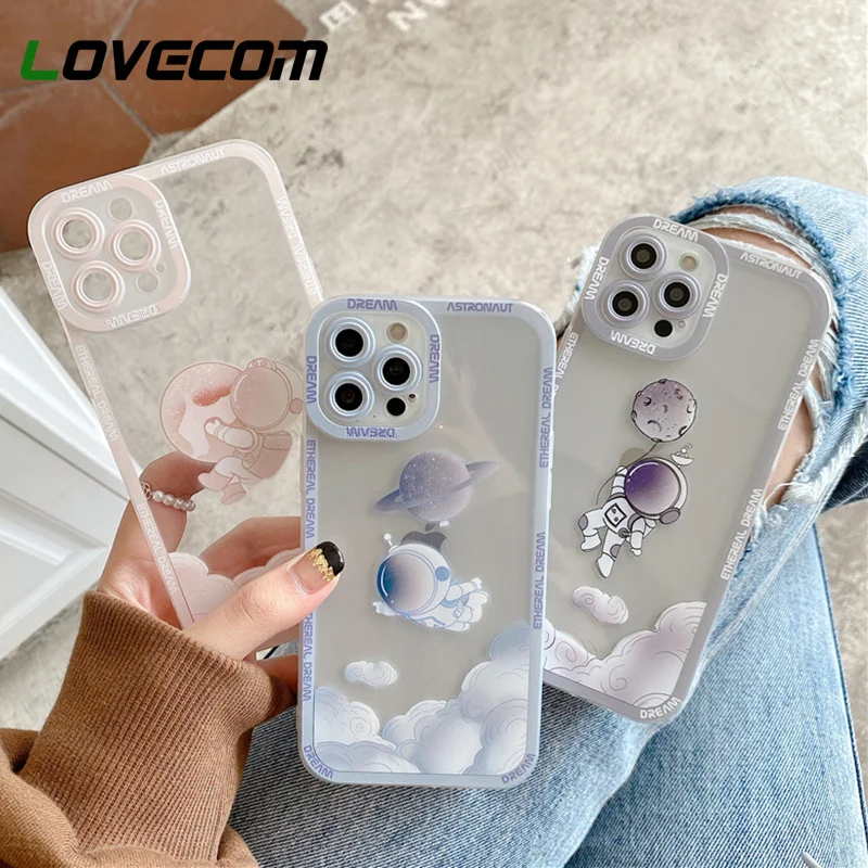 

Прозрачный чехол для телефона с милым мультяшным астронавтом для iPhone 13 Pro Max 12 11 Pro Max XS Max XR X 8 7 Plus, Защита камеры, Мягкий бампер