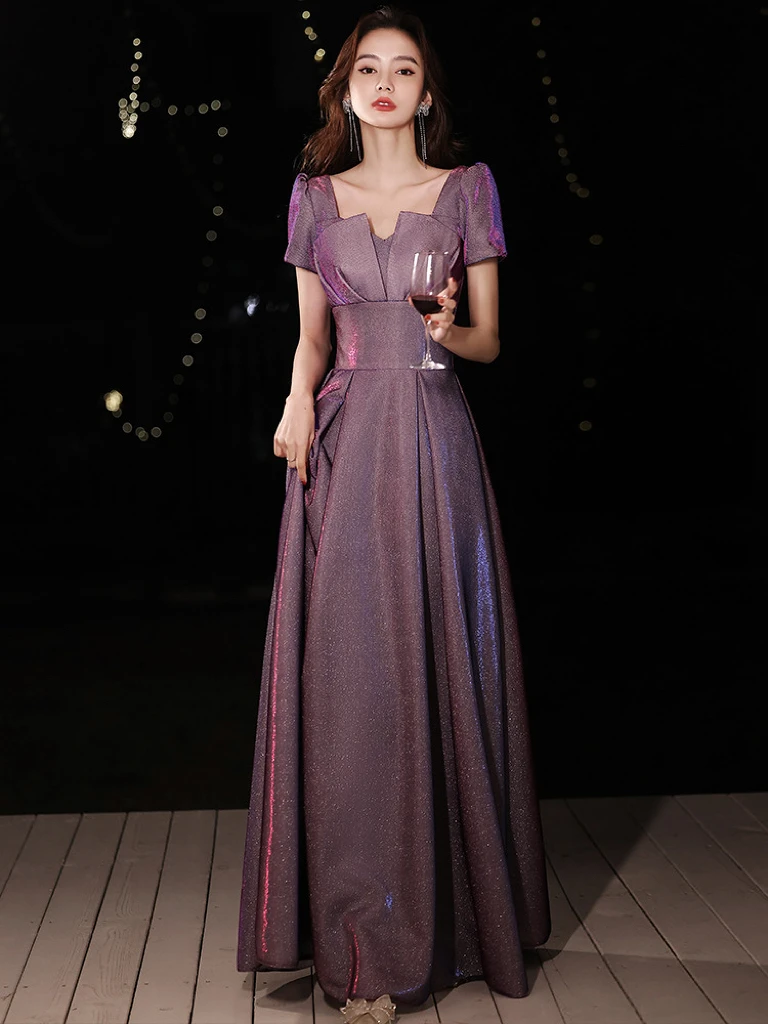

Colorful Purple Bridesmaid Dress A-line Pleated Square Neck Puff Sleeve Temperament Graduation Ceremony Party Prom Evening Gowns