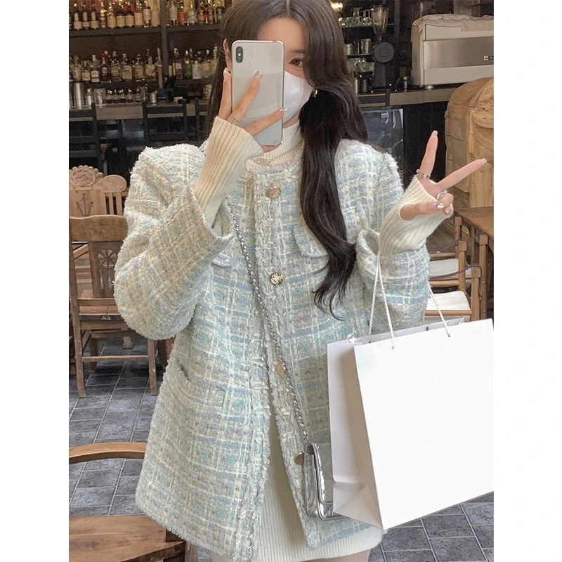 High Quality Korean Vintage Light Blue Tweed Jacket Coat Women's Spring Autumn Casual High Street Short Coat Plaid Outwear E259