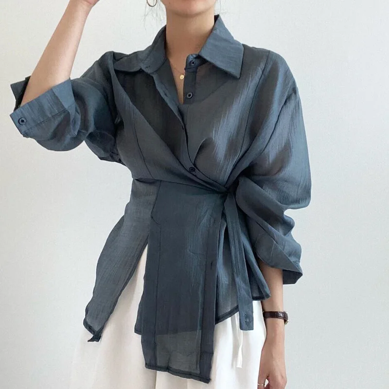 

Fashion Women's Blouse Korean Chic Summer Simple Design Irregular Buckle Lapel Waist Long Sleeve Sunscreen Shirt Blouse Women