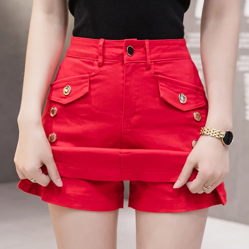 Summer Women's High Waist Slim Denim Shorts New Fashion Casual Skirt Shorts Girls Slit Red A-line Short Jeans Female Streetwear