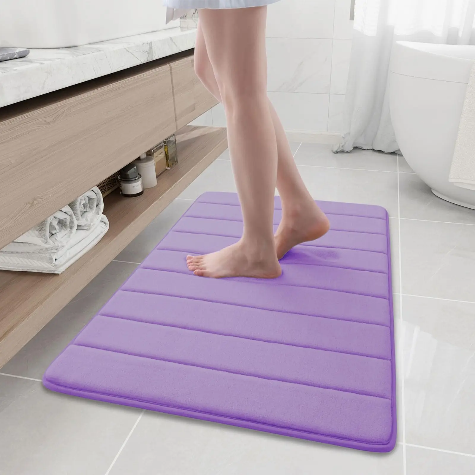 Olanly Memory Foam Bathroom Rug Ultra Soft Machine Washable Bath Non-Slip Water Absorbent Mat For Shower Tub Purple