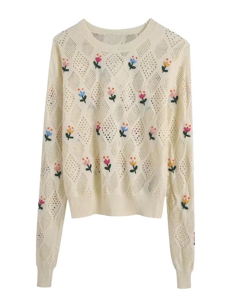 

MESTTRAF Sexy 2022 Women Semi-sheer Floral Embroidered Knit Sweater Retro Round Neck Long Sleeve Female Pullovers