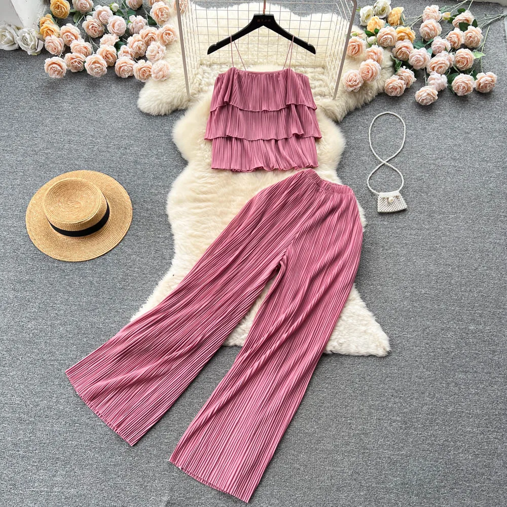 

Fashion Summer Beach Two Pieces Sets Women Strap Backless Ruffles Camis Wide Legs Long Pants Female Chic Solid Sexy Party Outfit