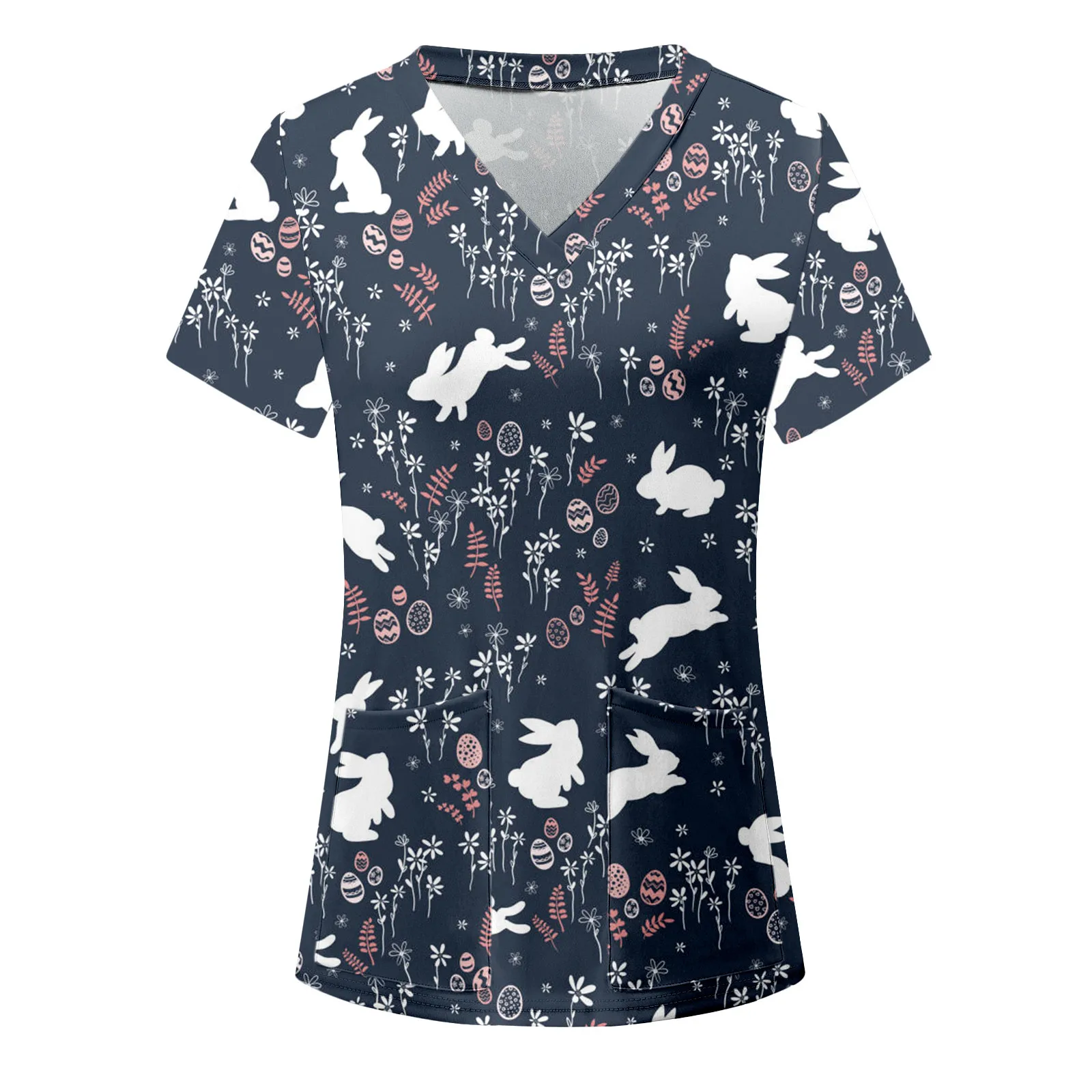 

Женский Повседневный Топ на Пасху, хлопковая рубашка с коротким рукавом, V-образным вырезом, принтом кролика, длинными рукавами, рубашки для ...