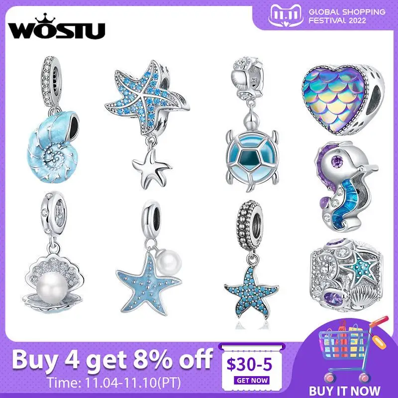

WOSTU 925 Sterling Silver Charm Sea Elves Series Bead Animal Turtle Starfish Pendant Fit Original Bracelet Necklace DIY Jewelry