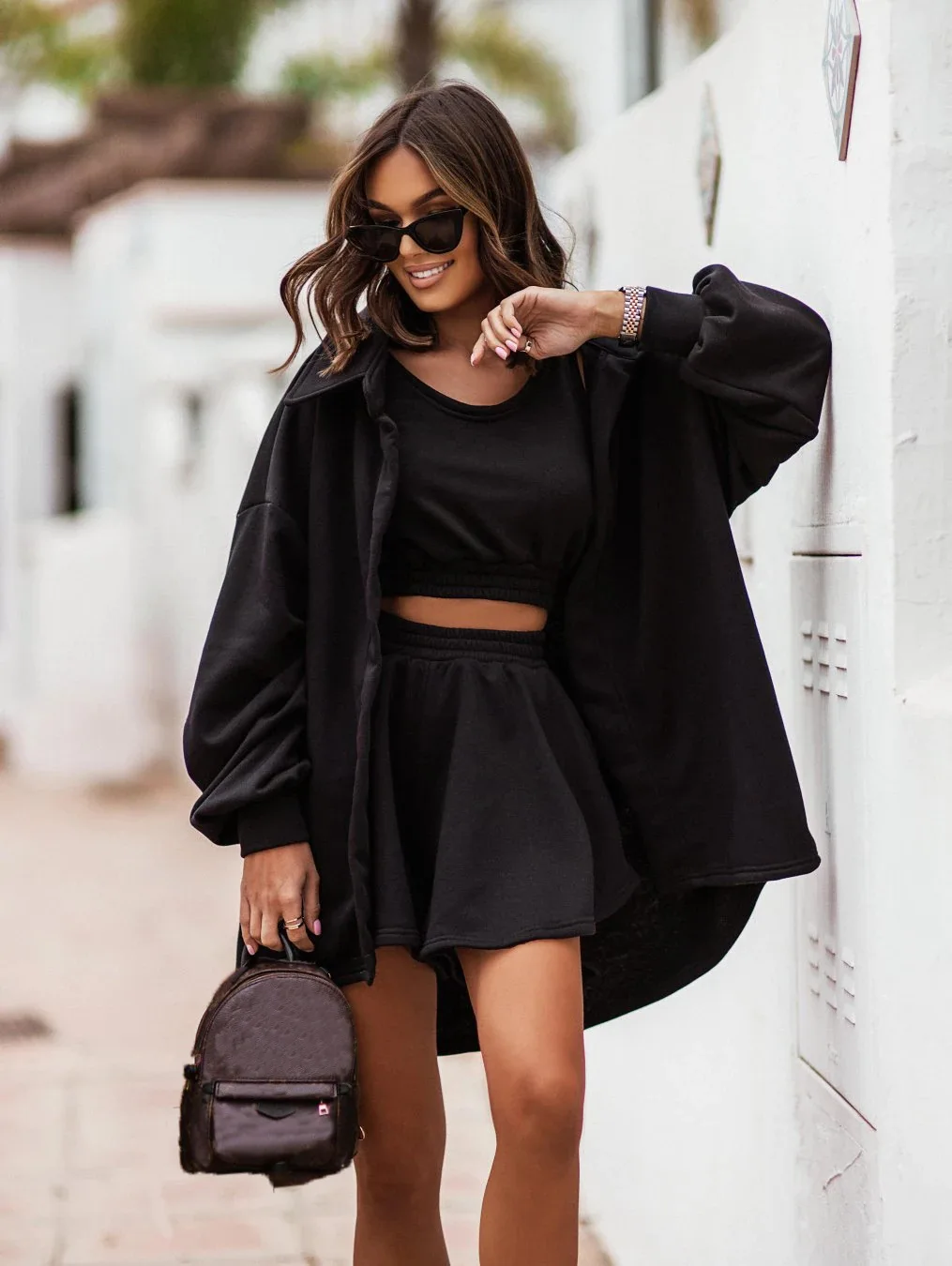 

2022 Spring Summer Casual Sports Style Women Fashion Loosse Suit Solid Vest Cardigan Shorts Suit Women three Piece Set