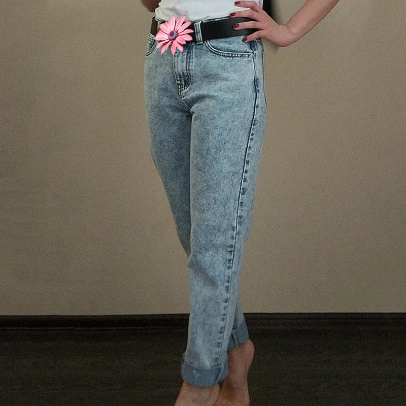

New Ladies Long Jeans High Waist Snow Wash Cotton Boyfriend Jeans Pants Women Vintage Loose Straight Denim Pants Trousers
