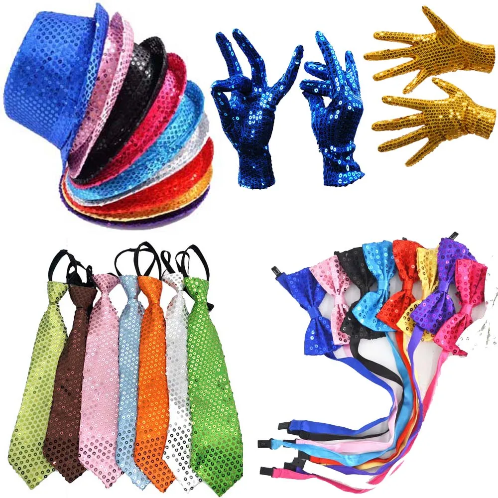 

Fashion Boy Girl Men Woman Sequin Hat Bow Tie Gloves Cowboy Birthday Party Cap Jazz Dance Show Props Costume Carnival Decoration