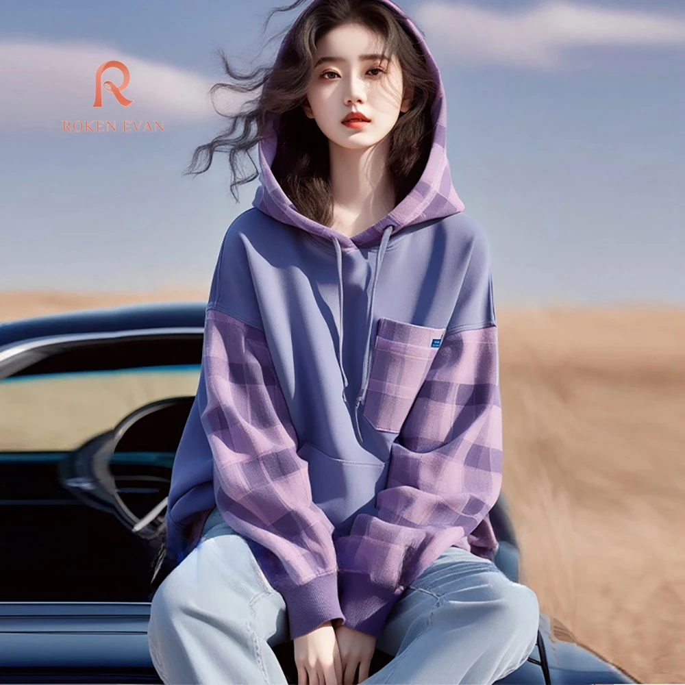 Осенний корейский Модный комплект ROKEN WAN фиолетовый клетчатый Женский пуловер с