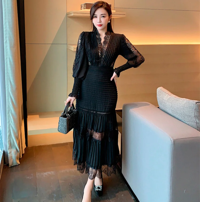 

Dinboa- Fashion Runway Women Folded Party Dress Spring Sexy V-neck Lantern Sleeve Chiffon Patchwork Lace Bodycon Thin Long Dress