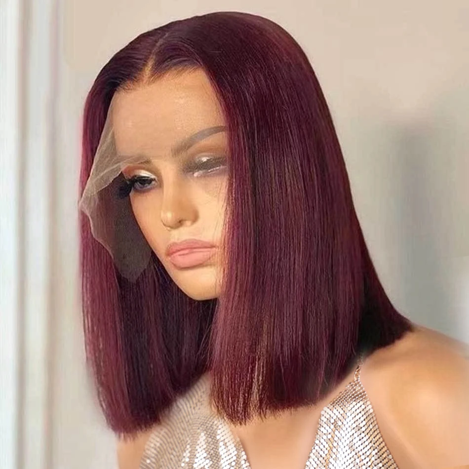 99j Burgundy Short Straight Bob Human Hair Wigs Brazil Bob Wig Lace Front Human Hair Wigs Pre Plucked T Part Lace Wigs Remy Hair