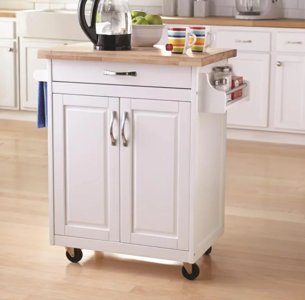 

Kitchen Island Cart with Drawer and Storage Shelves, White bar cart