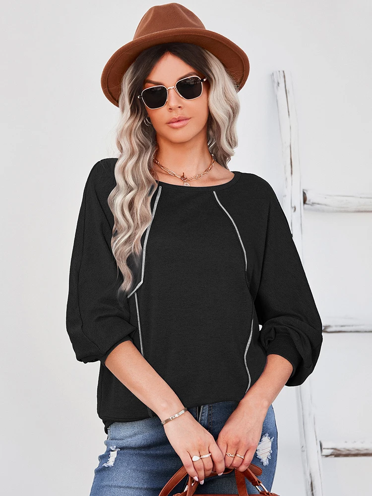 Футболка женская с круглым вырезом пуловер длинным рукавом однотонный