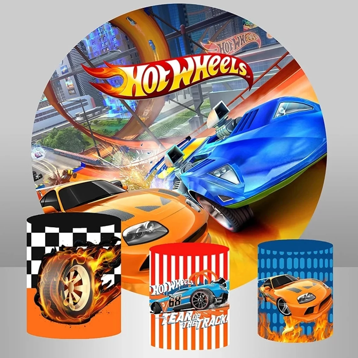 Fondo de fiesta de ruedas para niños, telón redondo azul de carreras de coches, 1 ° cumpleaños, círculo, fotomatón, accesorios, Decoración de mesa de pastel