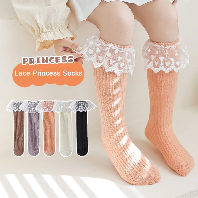 

Новые однотонные чулки для девочек, детские гольфы до колена, кружевные носки 30 см, Нескользящие хлопковые Весенние длинные гольфы для млад...