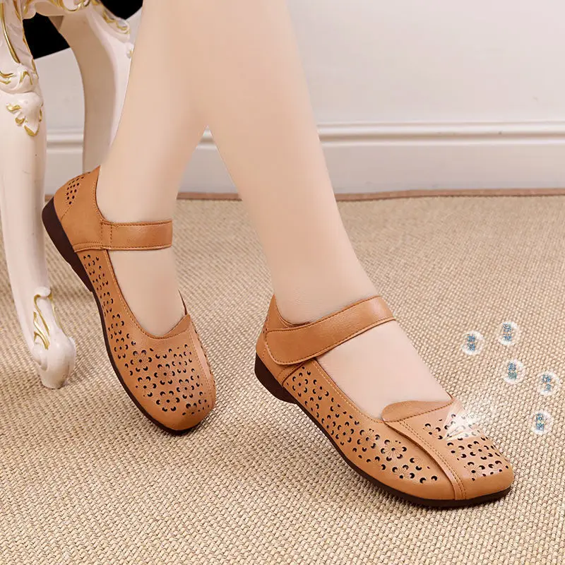 Soft Leather Mom Mary Jane Shoes Non-slip Plus size 41 Breathable Cut-outs Loafers Women's Square Toe Balleria Shoes 2023 New