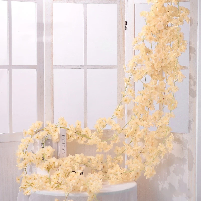 

180CM/5.9ft Fake Flowers Vine For Wedding Silk Sakura Cherry Blossom Ivy Vine Artificial Sakura String With Leaves