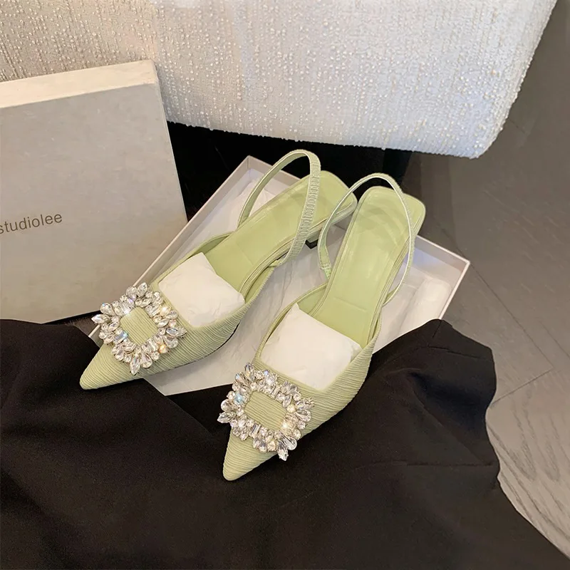 

Woman Sandals Diamond Square Buckle Pointy Toe Comfort Med Heel Slingback High-Heeled Shoes Elegance Women Sandals Summer Shoes