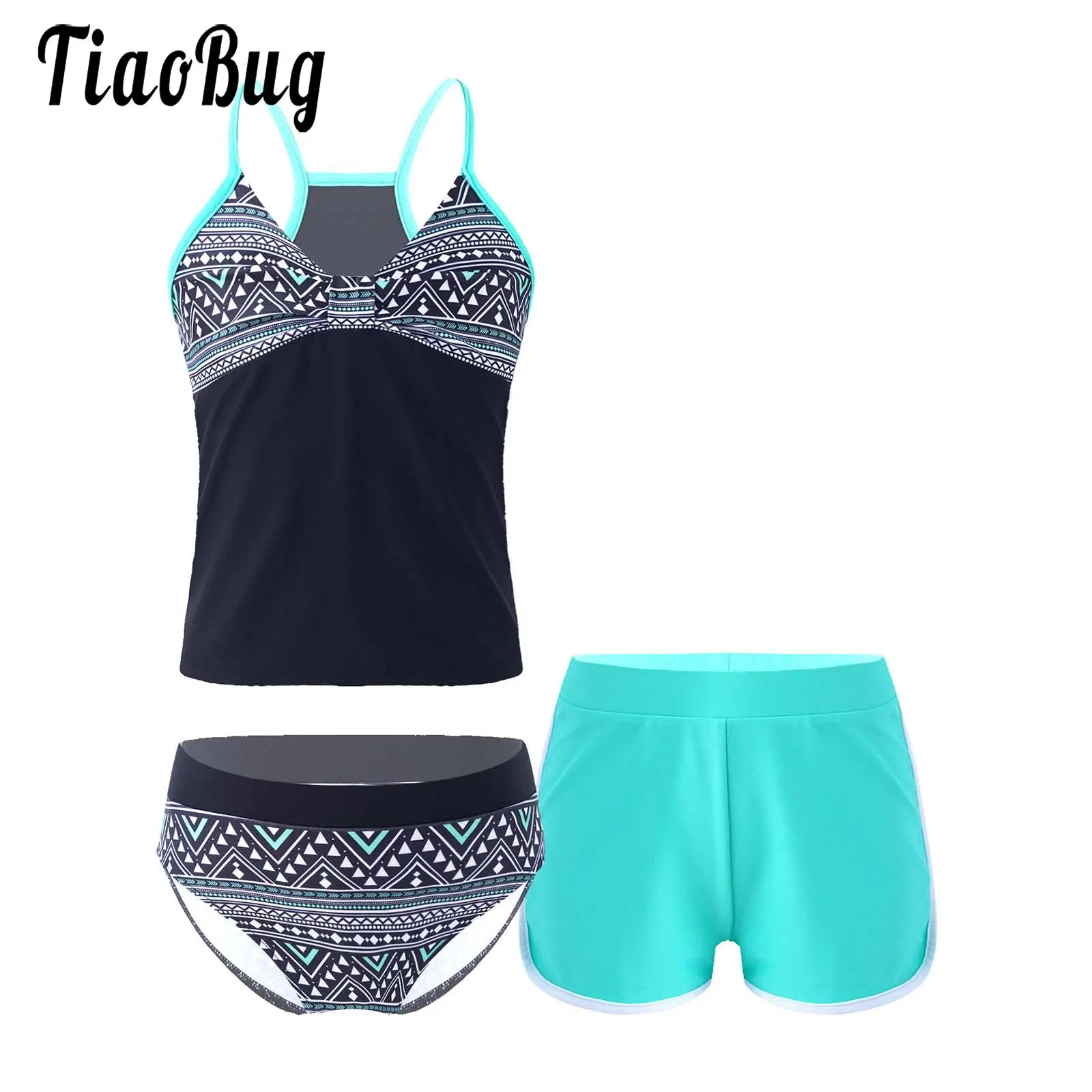 

Kids Girls Fashion 3pcs Printed Tankini Suits Tops Shorts with Briefs Girls Summer Pool Beach Athletic Swimsuits Bathing Suits