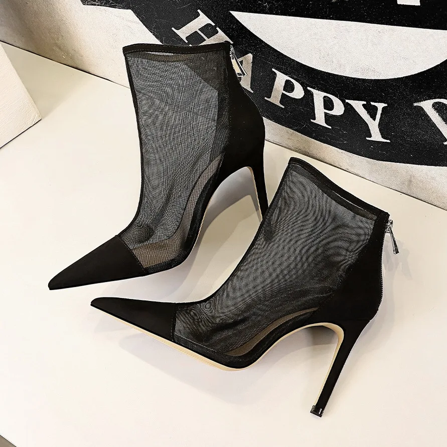 Spring Autumn New Sexy Mesh Ankle Boots Women's Pointed Toe Stiletto Heels Fashion Zip Ladies Party Shoes Size 34-40 Female Shoe
