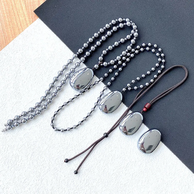 Natural Terahertz Wave Crystal Round Beads Necklace 42x28mm Chain Women Men Drop Shipping AAAAA