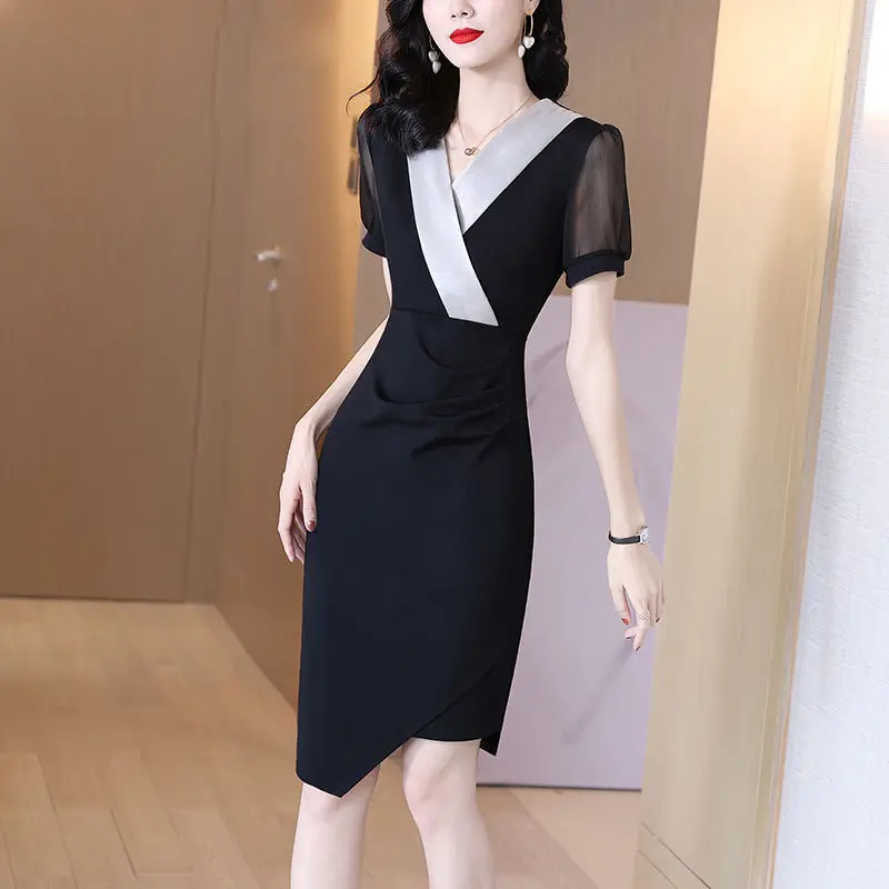 

Summer dress irregular skirt closed waist slimming temperament Korean version black bag hip skirt black dress black sexy dress