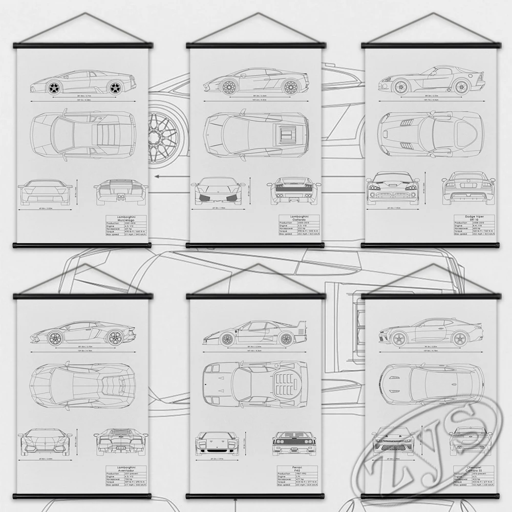 

HD Pint Sport Car Posters Canvas Patent Wall Artwork Blueprint Painting Vehicle Hanging Scrolls Modular Picture Home Room Decor
