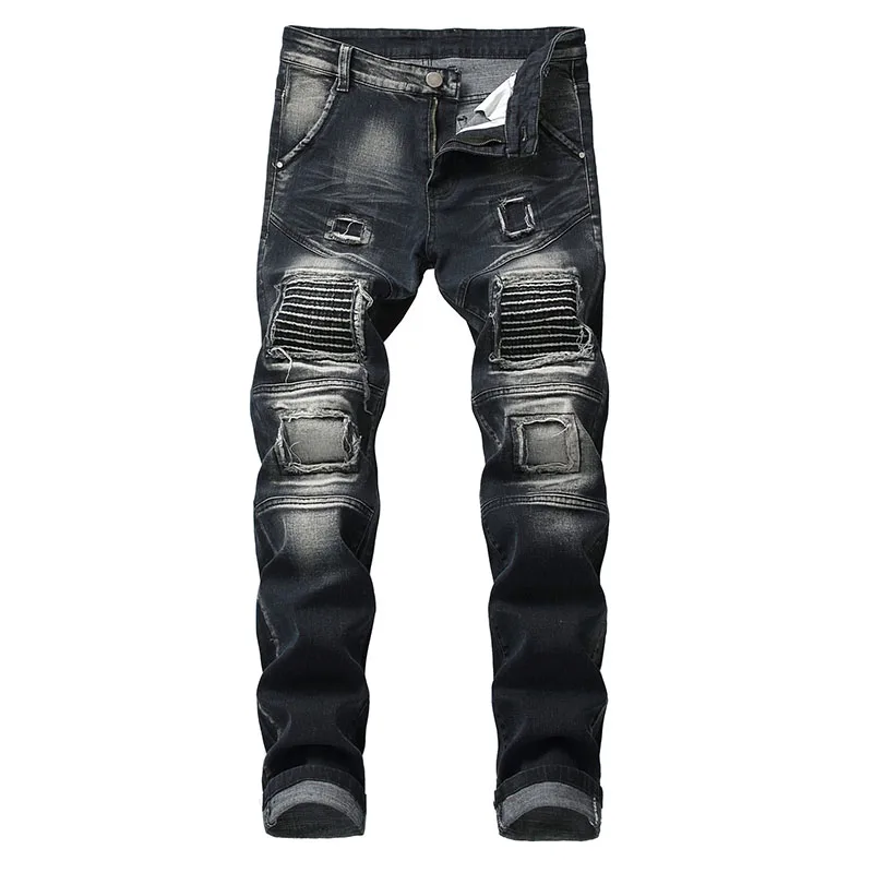 

Fashion Men Biker Jeans Autumn Streetwear Hip Hop Trousers Patch Male Hole Slim Destroyed Torn Ripped Homme Denim Pants