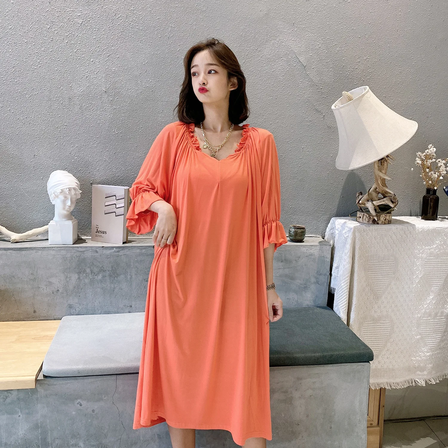 

150kg Female Summer Modal Dress, Wearing Medium Length Auricular Sleeve V-neck Large Size Nightdress, Thin Household Clothes