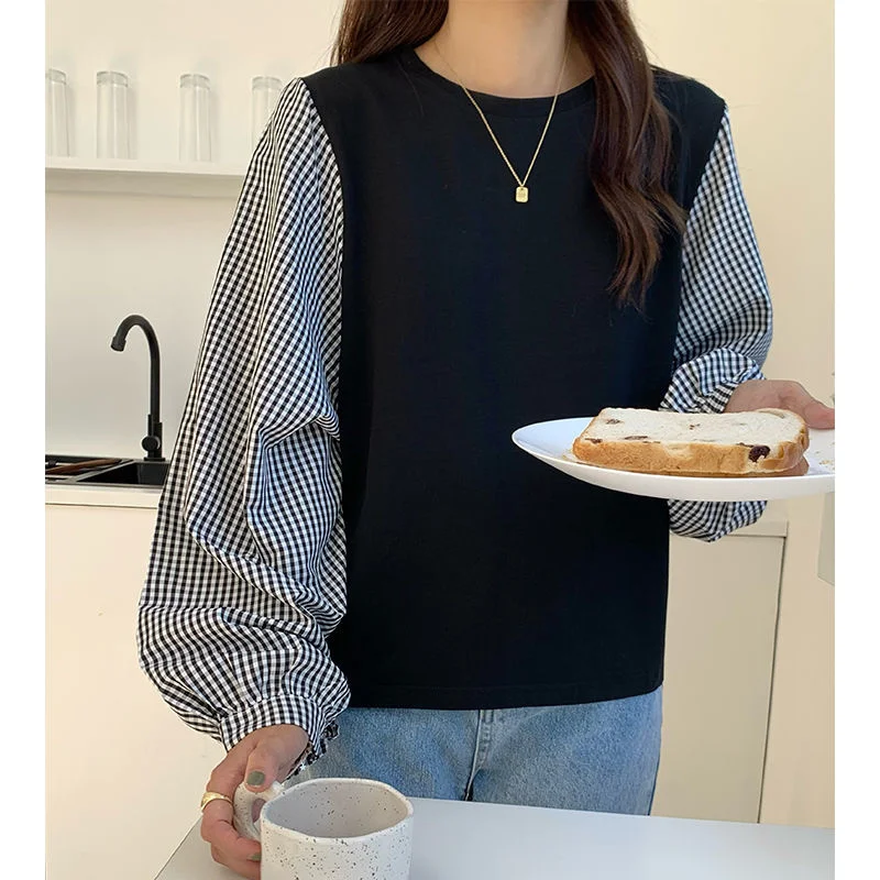

Korean Sweater T-shirt Women's 2022 New Autumn Clothes Ins Trendy Korean Loose Plaid Stitched Fake Two-piece Top