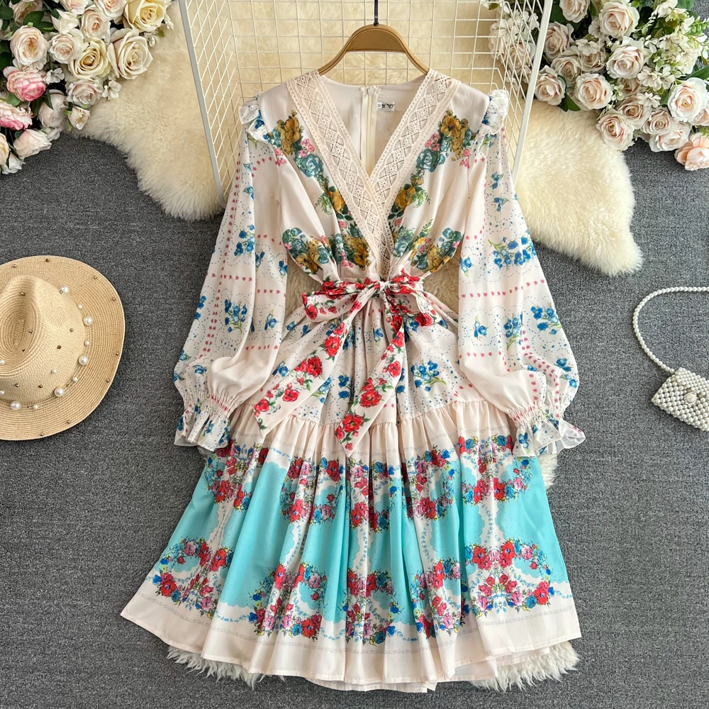 

Женское винтажное Цветочное платье Clothland, кружевное лоскутное платье с длинным рукавом и поясом, ТРАПЕЦИЕВИДНОЕ ПЛАТЬЕ до колена в стиле ре...