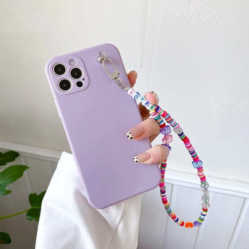 

Letter Pendant Beads Strap Hang Phone Charm Case For iPhone 13 11 12 Pro Max XS X XR 7 8 Plus SE2 Lanyard Chain Cute Color Cover