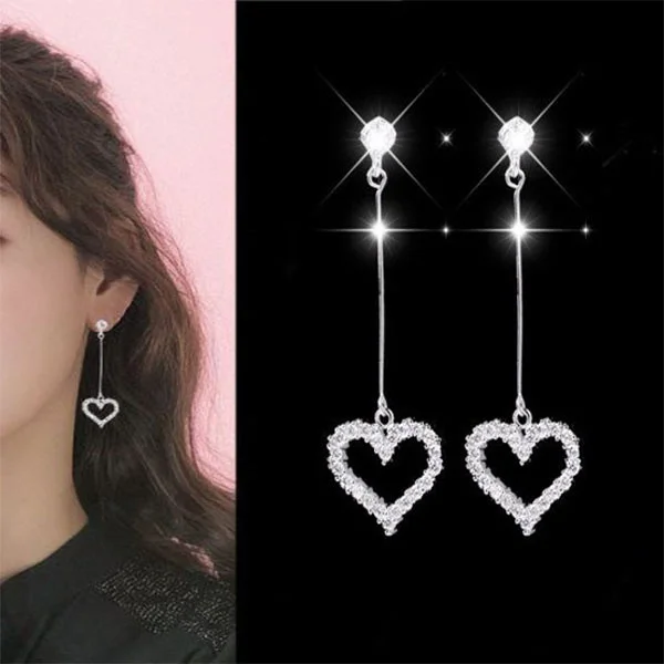 Delysia King Ladies Simple Personality Temperament Crystal Earrings Cute Long Tassel Heart Ear Stud