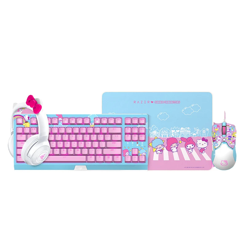 

Sanrio Razer Hello Kitty ограниченная игра офисная мышь механическая клавиатура набор гарнитуры Симпатичные Мультяшные наушники клавиатура для дево...