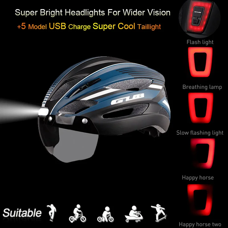 GUB Light-Casco ultraligero para ciclismo, gafas magnéticas para bicicleta de montaña o carretera, con luz trasera de advertencia nocturna, tapa de seguridad al aire libre, L