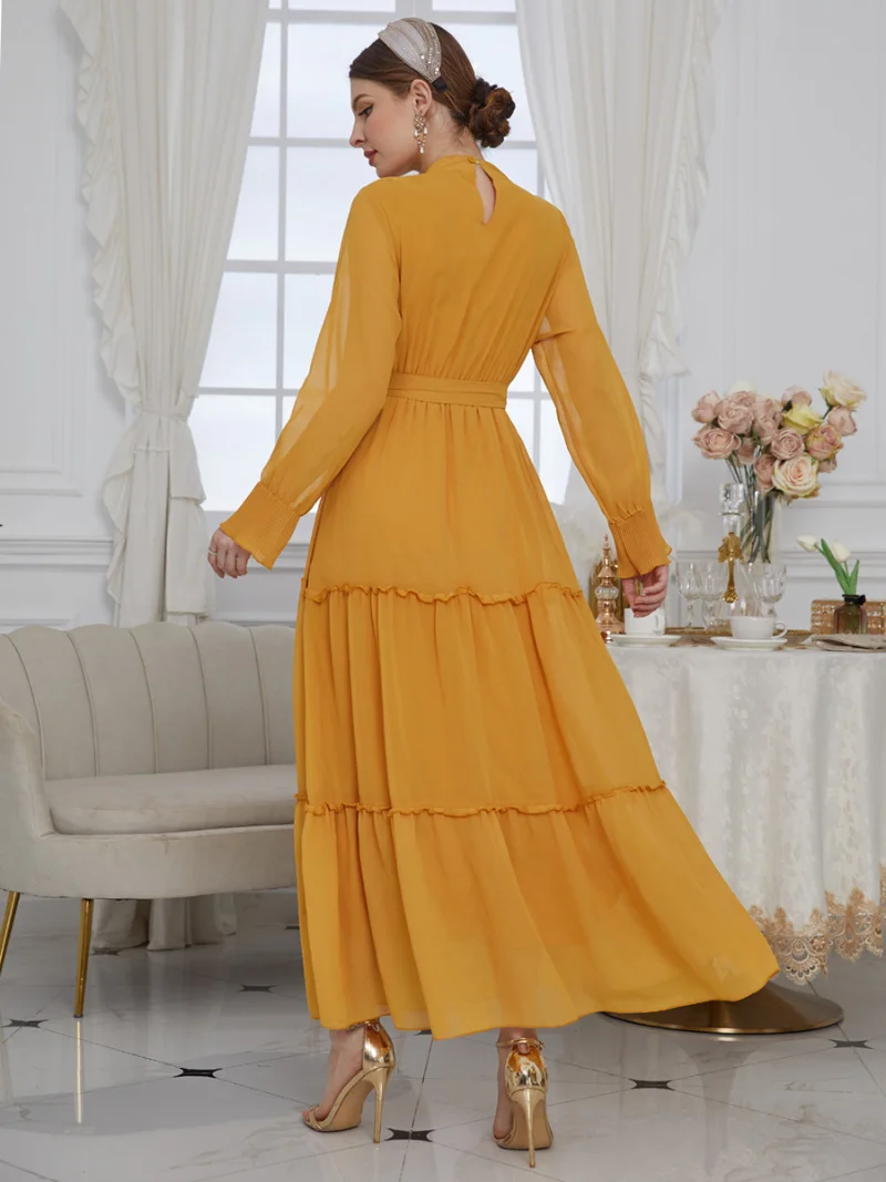 Turkish Women's Dress Chiffon Beaded Lace Patchwork Belted Kaftan Pure Yellow Flared Sleeves Princess Dress Ramadan Abaya