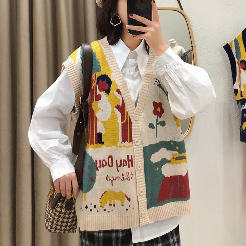 

Indie Cartoon Harajuku V-Neck Cardigans Vest Fashion Women Single Breasted Japan Style Knitted Sweater Vest New Kawaii Warm Tops