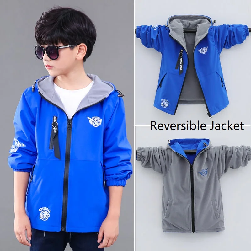 

Waterproof Drawstring Hooded Boys Fleece Lined Reversible Hiking Zip Jackets School Kids Outfit Top Coat Child Outerwear 3-16Yrs