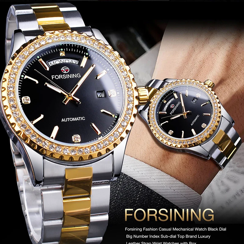 

Forsining Diamond-encrusted Retro Fashion Men Wristwatches Automatic Mechanical Waterproof Alloy Strap Watches for Men Week