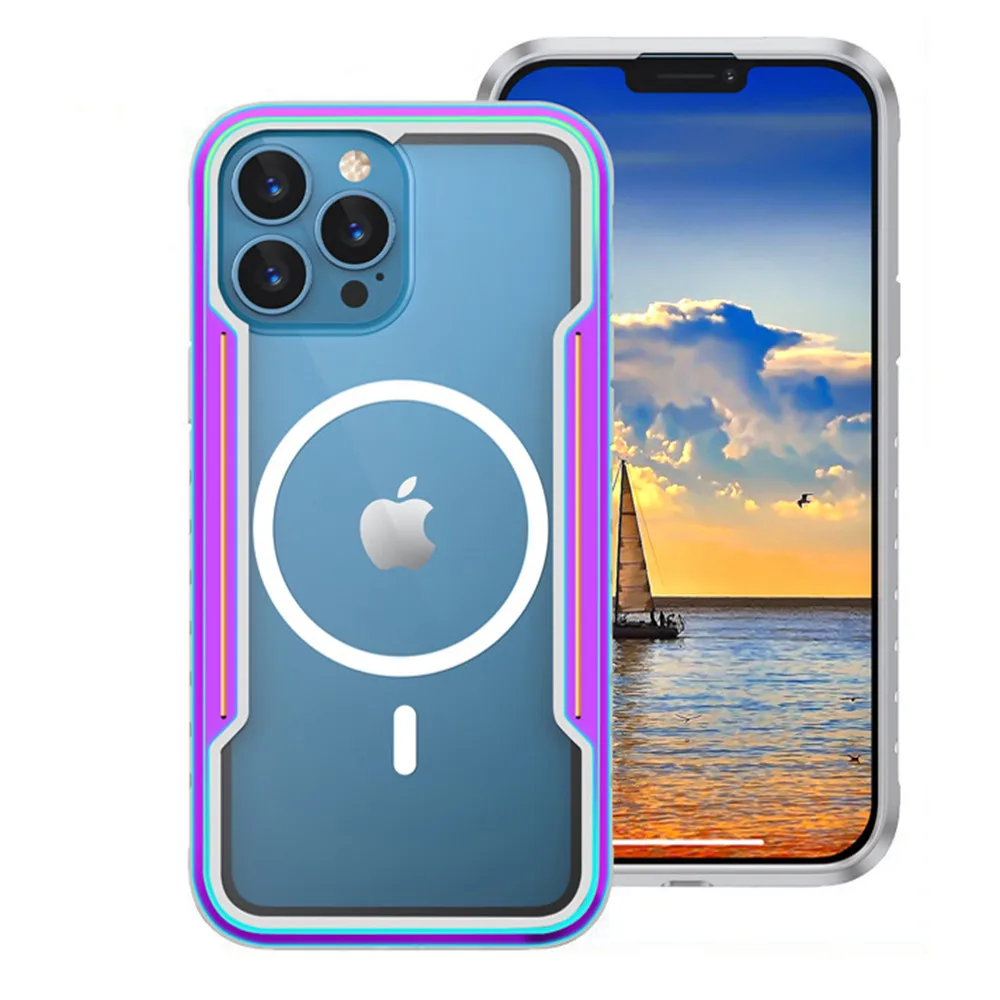 

Rainbow Aviation Alloy Shockproof Magnetic Wireless Charging Case For iPhone 14 Pro Max Transaprent Military TPU Non-slip Cover