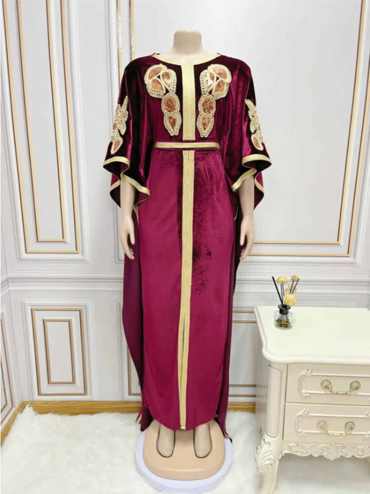 2023 Summer Autumn Muslim Fashion Women Half Sleeve O-neck Velvet Sequined Party Wedding Long Abaya Muslim Dresses Abaya Dress
