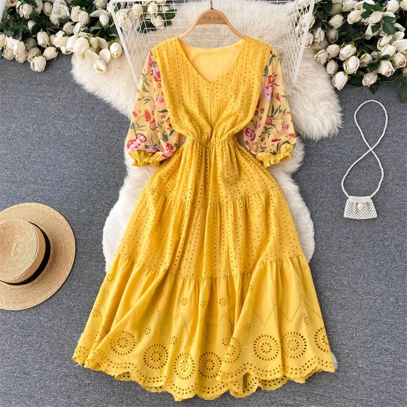 

Summer Mid-Length Women Dress Flower Printed Chiffon Half Sleeve V-neck Hook Flower Hollow Out High-waist Ladies Dress Vestidos