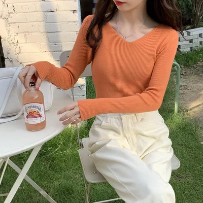 

V-neck long sleeve casual solid color winter base top gray